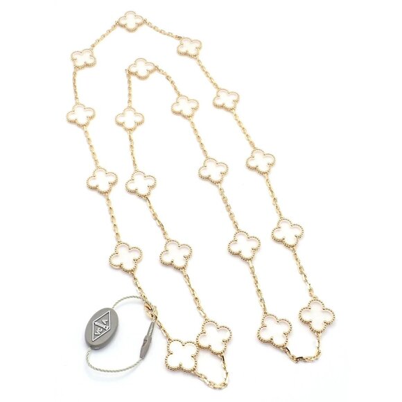 Van Cleef & Arpels 18k Yellow Gold 20 Motif Alhambra Rock Crystal Necklace Cert - Picture 6 of 13